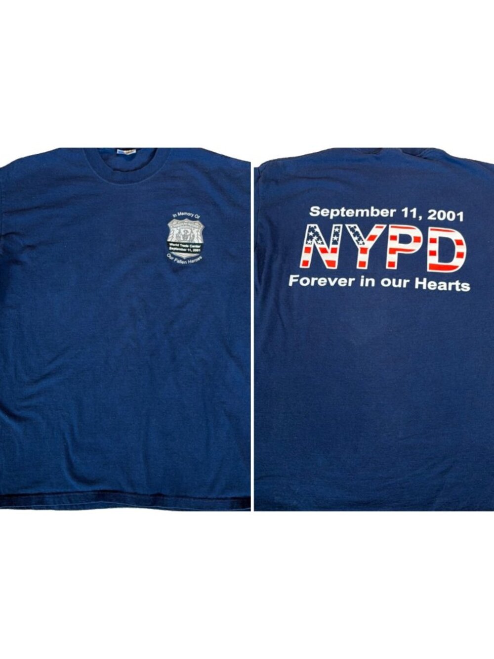Vintage NYPD 9-11 Tee Shirt Men's Size L Double Sided Memory of Fallen Heroes